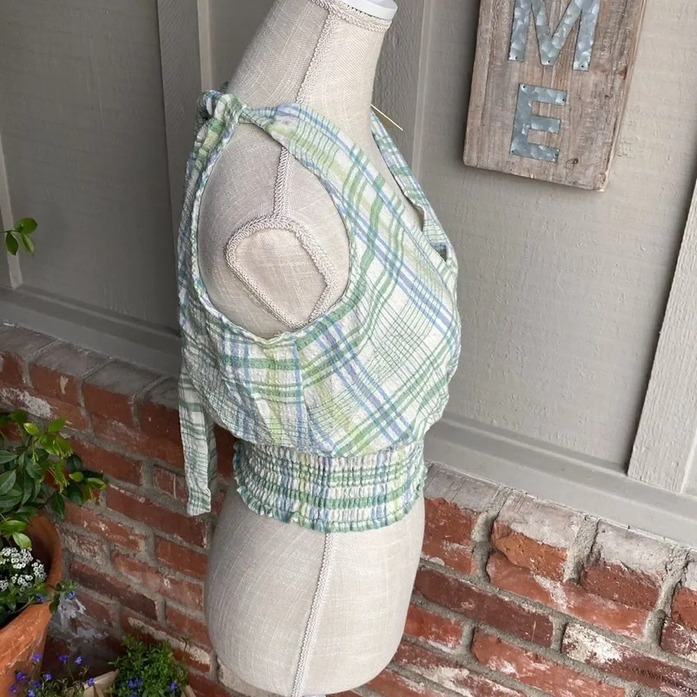 NWT Monteau Boho Plaid Smoked Halter Tie Tank Top Size: M - Picture 4 of 8